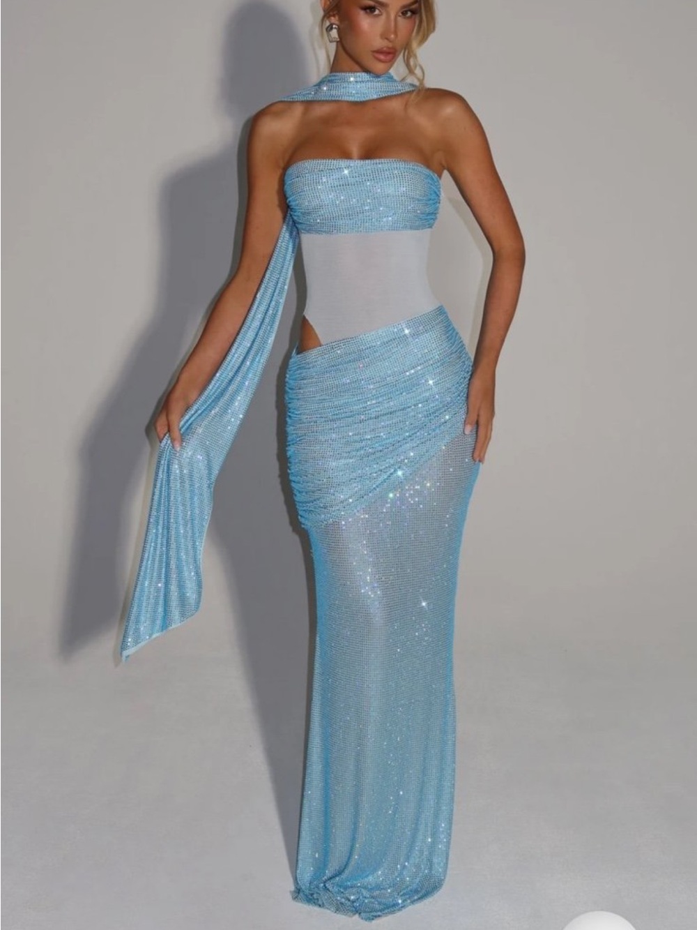 Strapless Sparkle Maxi Dress in Light Blue with Draped Scarf
